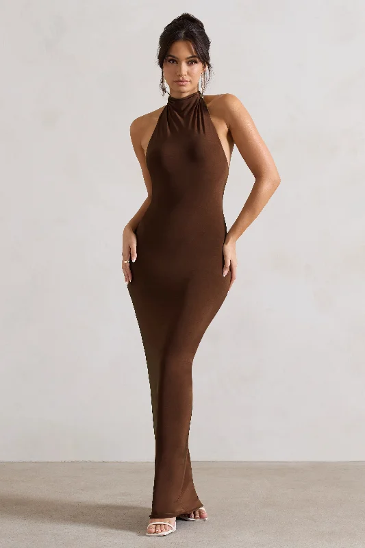 Larisa | Dark Brown Cowl Halter-Neck Maxi Dress With Back Detail