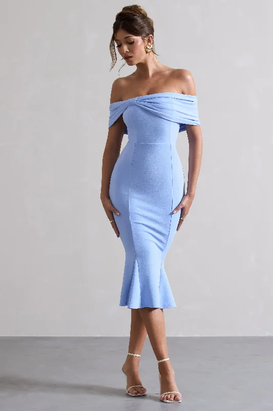 Lydia | Sky Blue Bardot Bow Detail Midi Dress