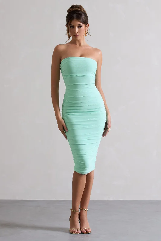 My Girl | Iced Green Strapless Bodycon Ruched Mesh Midi Dress