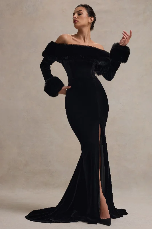 Mystique | Black Bardot Split Maxi Dress With Fur Trims