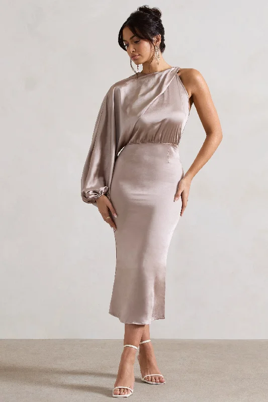 Nola | Taupe Satin One-Sleeve Midi Dress