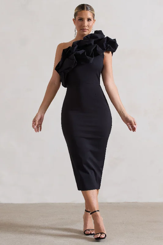 Orchestra | Black One Shoulder Ruffled Midi Dress