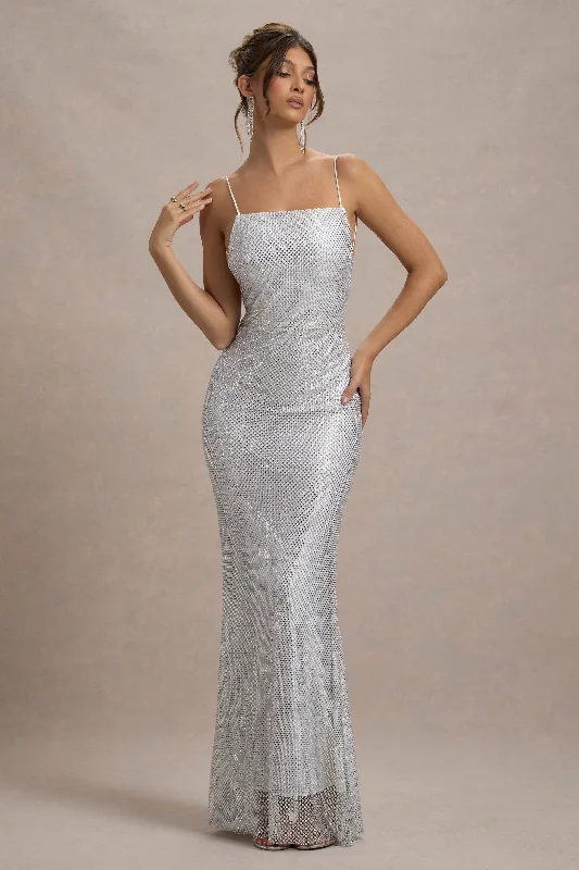 Quartz | Silver Embellished Square-Neck Open-Back Maxi Dress