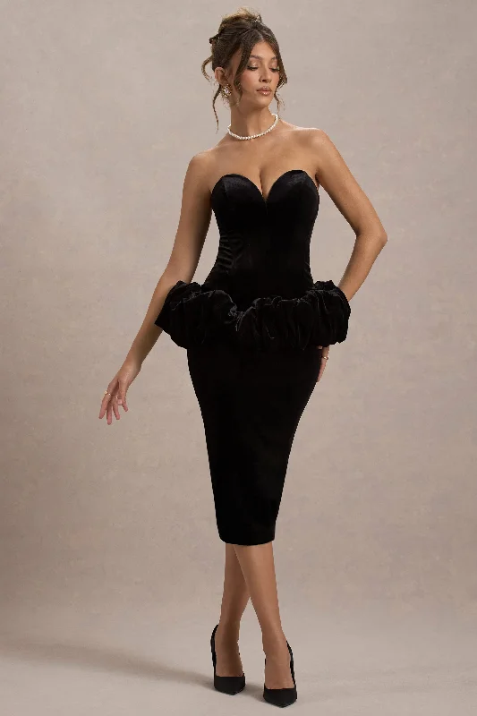 Sarifa | Black Velvet Strapless Corset Midi Dress With Ruffle Peplum