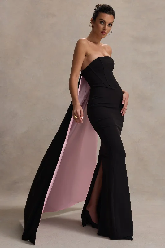 She's Trouble | Black Bandeau Maxi Dress With Pink Cape