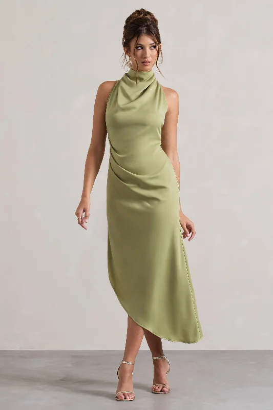 Sophina | Light Olive Satin Cowl-Neck Asymmetric Midi Dress