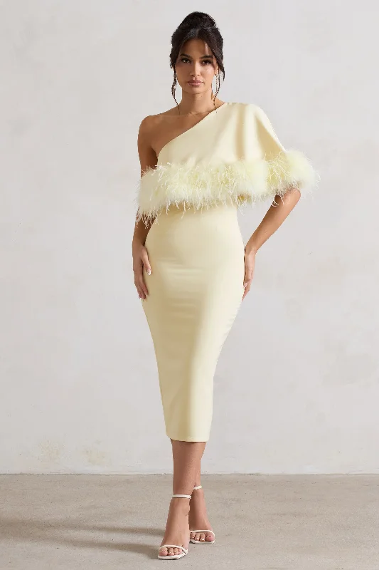 Victory | Lemon One Shoulder Midi Dress With Feather Trim