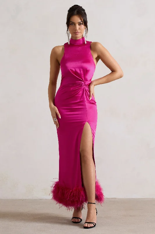 Zoe | Dark Pink Satin Twist Split Maxi Dress With Feather Trim