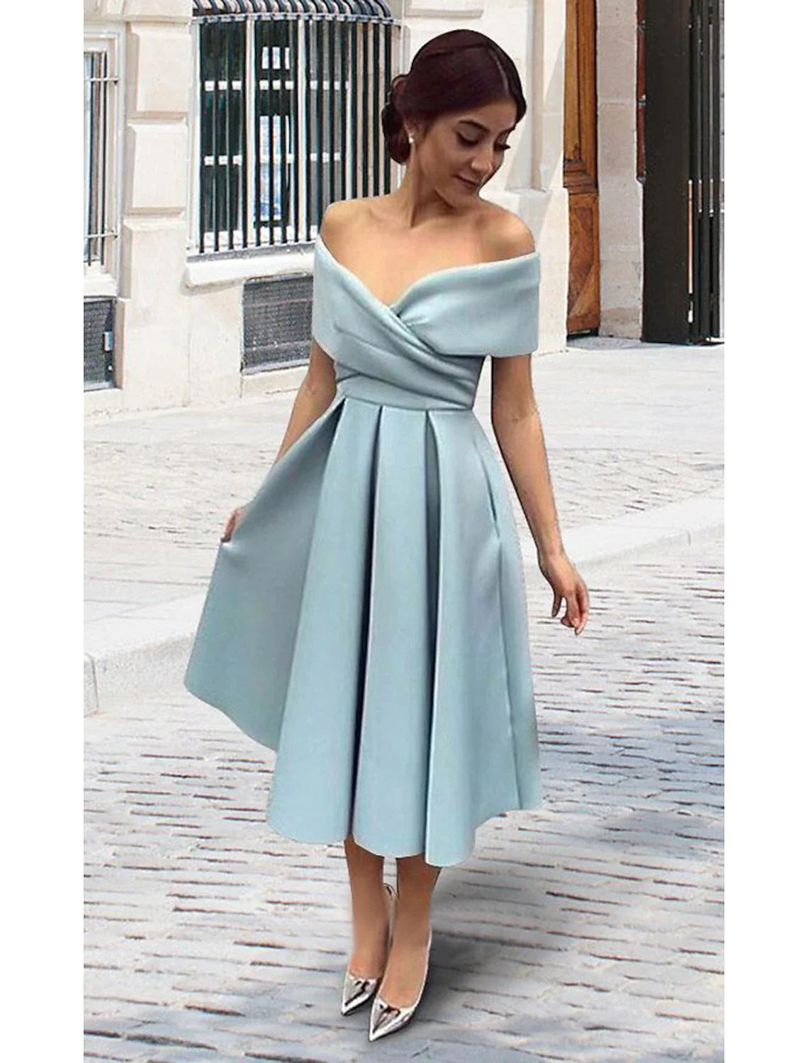 A-Line Cocktail Dresses 1950s Dress Wedding Guest Tea Length Short Sleeve V Neck Stretch Fabric V Back with Pleats