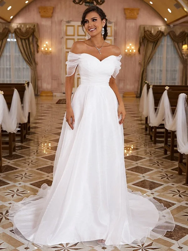 A-Line/Princess Organza Ruched Off-the-Shoulder Sleeveless Sweep/Brush Train Wedding Dresses