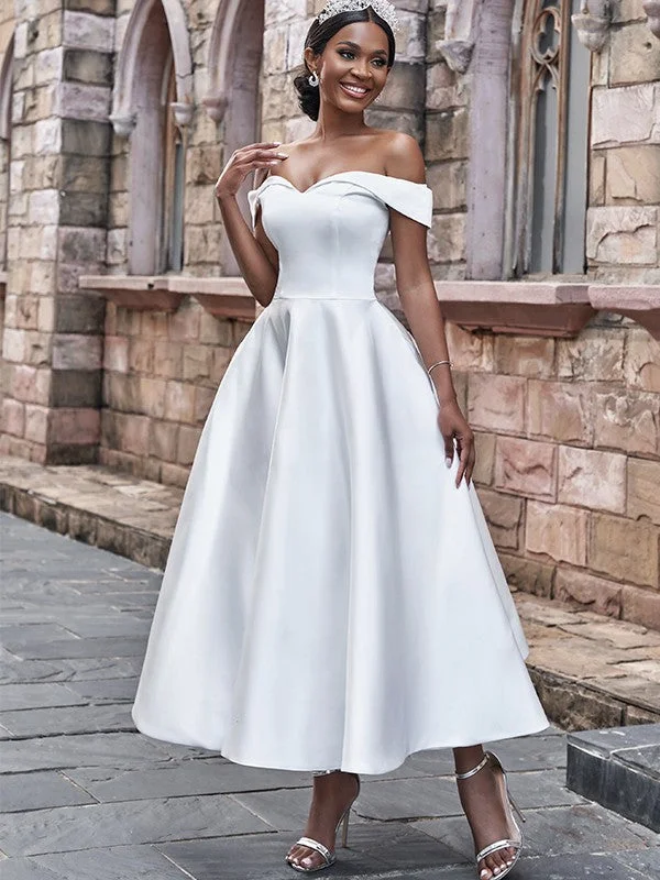 A-Line/Princess Satin Ruffles Off-the-Shoulder Sleeveless Ankle-Length Wedding Dresses