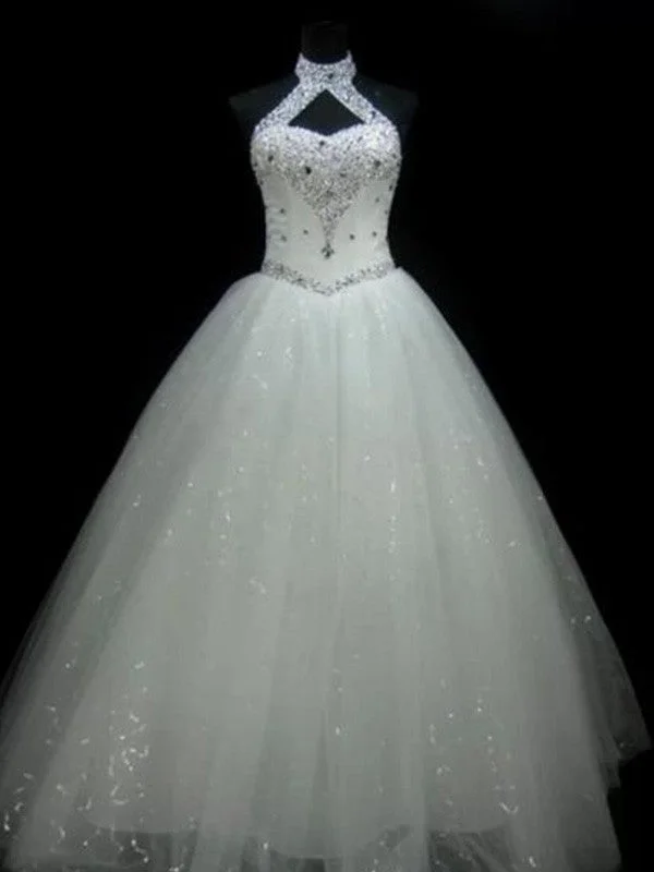 Ball Gown Halter Sleeveless Floor-Length Beading Sequin Tulle Wedding Dresses