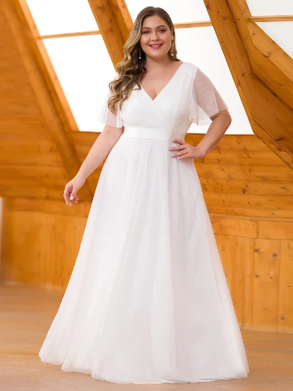 Custom Size Double V-Neck Floor-Length Short Sleeve Tulle Bridesmaid Dresses