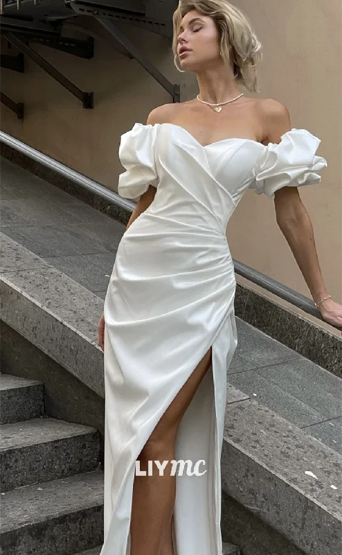 LW459 - Sweetheart Puff Sleeves Ruched Sleek Satin High Slit Beach Wedding Dress