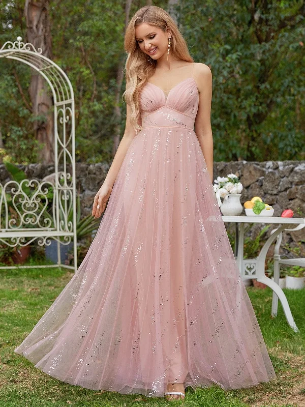 Sequined V-neck Tulle Bridesmaid Dress with empire waist