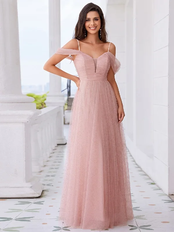 Spaghetti Strap Backless Sweetheart A-Line Tulle Bridesmaid Dress